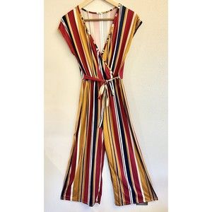 Caution to the Wind Faux Tie Waist Striped‎ Jumpsuit Size M Fall Color Orange